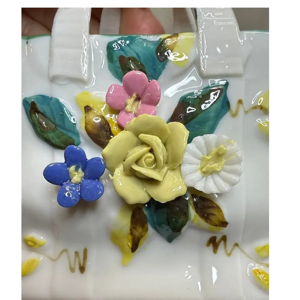 Handmade Porcelain Vintage Applied Flower Purse Bag Shaped Vase Catchall Décor